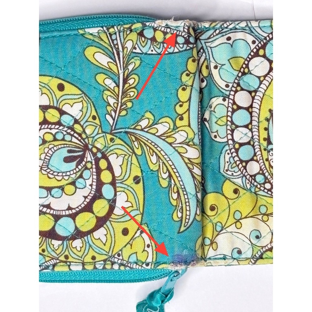 Vera Bradley Peacock Paisley Small Bi-Fold Wallet Blue Green Zipper Coin Section - Picture 6 of 7